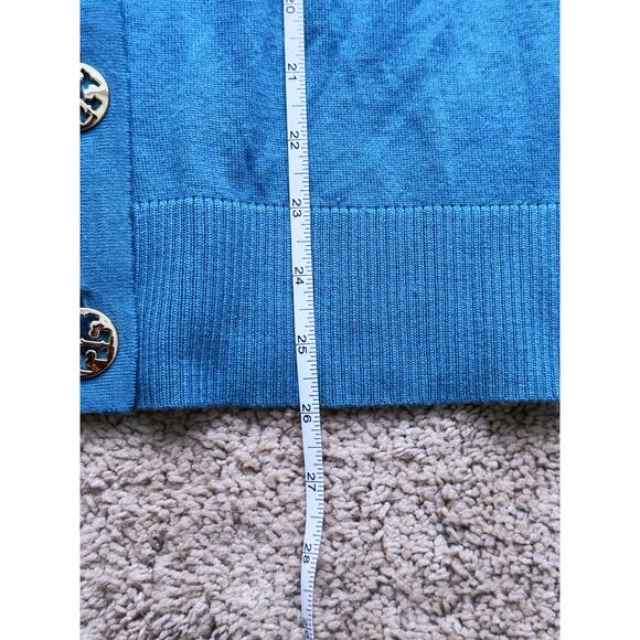 TORY BURCH Simone Merino Wool Cardigan Sweater Turquoise Gold Logo Buttons Large - Picture 7 of 10